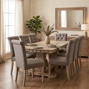 JUEGO DE COMEDOR RESTORATION 8 PERSONAS ESTILO VINTAGE MADERA CLARA + SILLAS CAPITONEADAS